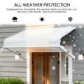 Kozyard all-weather window awning showing rain, sun, and snow protection; durable aluminum frame and PVC panels shielding a home entrance from harsh weather conditions.