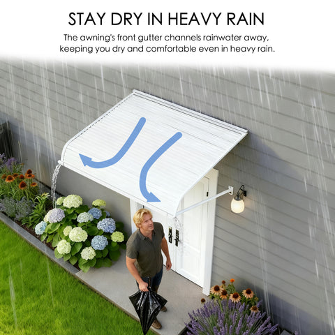 Kozyard 42x40 inch door and window awning with adjustable installation angle shown blocking heavy rain; durable aluminum frame and impact-resistant PVC panel providing weather protection for home entrances, keeping doorway dry
