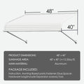 Kozyard 48 x 40 inch window and door awning with durable aluminum frame and high-strength PVC panels, adjustable installation angle, detailed size diagram showing 42-inch width and 40-inch depth, outdoor rain snow sun protection canopy for home entryways, patios, and AC or EV charger coverage.