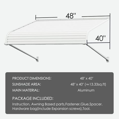 Kozyard 48 x 40 inch window and door awning with durable aluminum frame and high-strength PVC panels, adjustable installation angle, detailed size diagram showing 42-inch width and 40-inch depth, outdoor rain snow sun protection canopy for home entryways, patios, and AC or EV charger coverage.