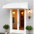 Kozyard door and window awning with aluminum frame and dual integrated side panels installed above an exterior door; durable PVC cover provides rain, snow, and UV protection for home entrances, patios, and windows.