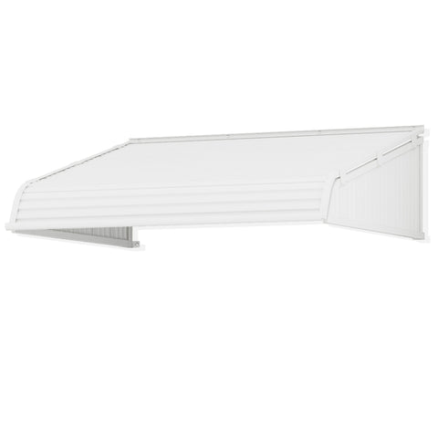 Kozyard door and window awning with dual integrated side panels, aluminum frame and premium PVC cover, white 42-inch exterior awning providing rain, snow, and UV protection for home entryways, windows, and patios.