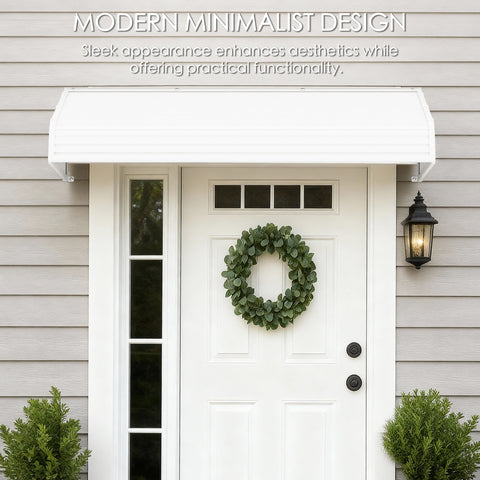 Kozyard 66x40 inch door awning with aluminum frame and PVC cover installed above a front door, modern minimalist design providing rain, snow, and UV protection for home entrances.