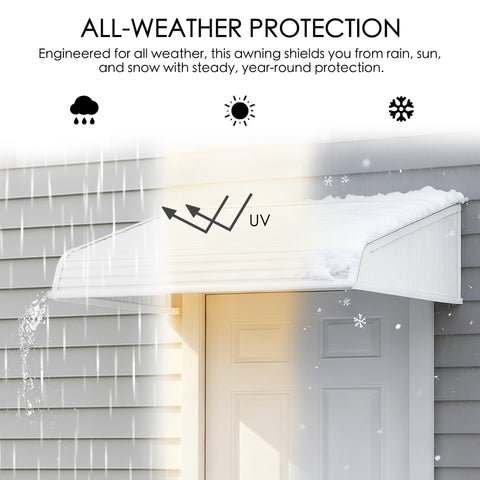 kozyard door window awning all-weather canopy, provides year-round protection from rain sun and snow with UV-blocking design and built-in water drainage, durable outdoor awning made of UV-resistant polycarbonate panel and reinforced aluminum frame