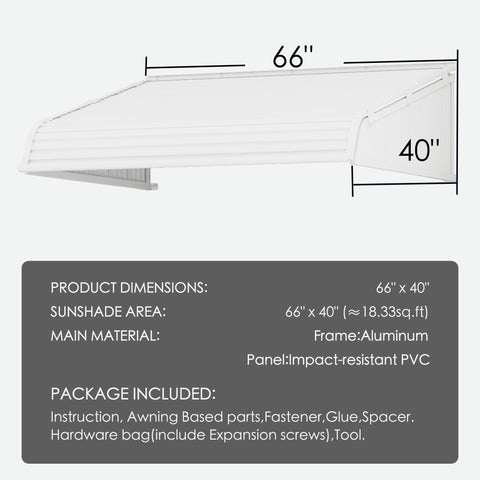 Kozyard 66 x 40 inch window and door awning with durable aluminum frame and high-strength PVC panels, adjustable installation angle, detailed size diagram showing 66-inch width and 40-inch depth, outdoor rain snow sun protection canopy for home entryways, patios, and AC or EV charger coverage.