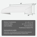 Kozyard 66 x 40 inch window and door awning with durable aluminum frame and high-strength PVC panels, adjustable installation angle, detailed size diagram showing 66-inch width and 40-inch depth, outdoor rain snow sun protection canopy for home entryways, patios, and AC or EV charger coverage.