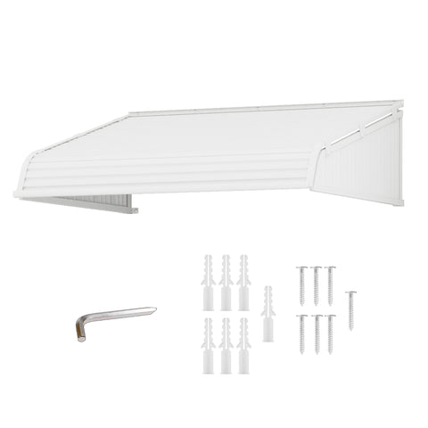 Kozyard 66x40 inch door window awning with aluminum frame and premium PVC cover, fixed installation angle canopy shown with mounting hardware, expansion anchors and screws, providing rain, snow and sun protection for home entryways, patios, and windows.