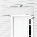 Kozyard 66x40 inch white door awning with dual side panels installed above a front door on vinyl siding, aluminum frame and impact-resistant PVC panels providing rain, snow, and UV protection for home entryway or patio.
