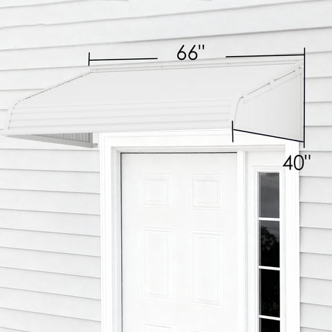Kozyard 66x40 inch white door awning with dual side panels installed above a front door on vinyl siding, aluminum frame and impact-resistant PVC panels providing rain, snow, and UV protection for home entryway or patio.