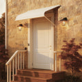 Kozyard white outdoor door awning installed above a front entry door, durable aluminum frame and PVC cover providing rain, snow, and sun protection for home entrances, windows, patio, and porch areas.