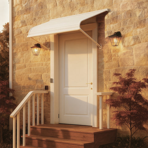 Kozyard white outdoor door awning installed above a front entry door, durable aluminum frame and PVC cover providing rain, snow, and sun protection for home entrances, windows, patio, and porch areas.