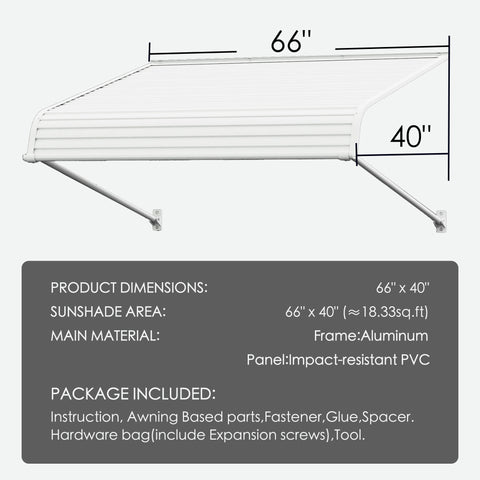 Kozyard 66 x 40 inch window and door awning with durable aluminum frame and high-strength PVC panels, adjustable installation angle, detailed size diagram showing 66-inch width and 40-inch depth, outdoor rain snow sun protection canopy for home entryways, patios, and AC or EV charger coverage.
