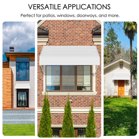 Kozyard outdoor door and window awning installed on modern and traditional homes, showcasing versatile applications for patios, windows, and entryways with durable aluminum frame and weatherproof PVC cover for rain, snow, and UV protection.