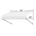 Kozyard 66x40 inch white aluminum door window awning with durable PVC panels and support arms, fixed-angle rain snow UV protection canopy for home entryways and patios.