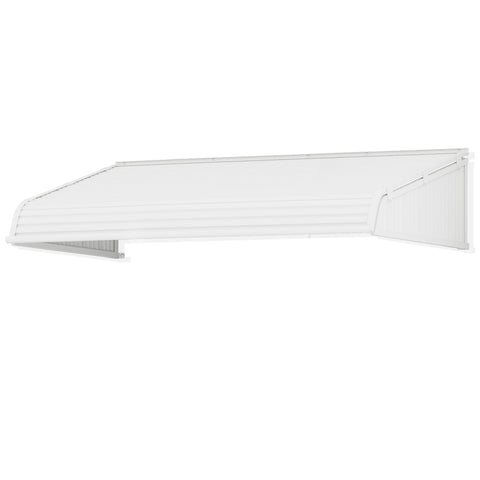 Kozyard door and window awning with dual integrated side panels, aluminum frame and premium PVC cover, white 42-inch exterior awning providing rain, snow, and UV protection for home entryways, windows, and patios.