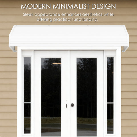 Kozyard modern minimalist door awning with aluminum frame and impact-resistant PVC panels installed above double glass patio doors, providing rain, snow, and UV protection for home entrances.
