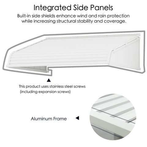 Kozyard aluminum window awning with impact-resistant PVC panels, stainless steel expansion screws, and corrosion-resistant aluminum frame shown in a detailed close-up, highlighting durable construction for weather protection, rain and sun shading for doors and windows.