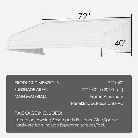 Kozyard 72 x 40 inch window and door awning with durable aluminum frame and high-strength PVC panels, adjustable installation angle, detailed size diagram showing 72-inch width and 40-inch depth, outdoor rain snow sun protection canopy for home entryways, patios, and AC or EV charger coverage.