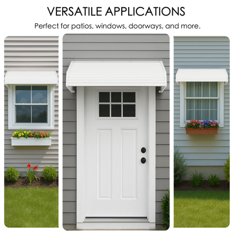 Kozyard window and door awning with aluminum frame and impact-resistant PVC panels, all-weather rain snow and UV protection canopy shown installed above patio doors and windows for versatile outdoor applications.