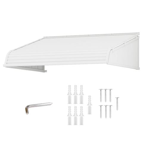 Kozyard 72x40 inch door window awning with aluminum frame and premium PVC cover, fixed installation angle canopy shown with mounting hardware, expansion anchors and screws, providing rain, snow and sun protection for home entryways, patios, and windows.