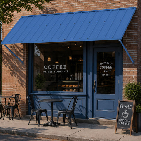 Kozyard 108-inch blue metal door and window awning mounted above a commercial coffee shop entrance, providing durable outdoor shade and rain shelter for storefronts, cafes, and residential entryways with heavy-duty powder-coated iron roof canopy design.