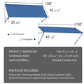 Kozyard 108" x 43 5/16" blue metal awning dimensional diagram showing 39 sq ft sunshade coverage, 40 to 70 degree adjustable pitch angle, powder-coated iron frame construction, and full hardware assembly kit for exterior door and window protection.