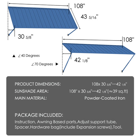 Kozyard 108" x 43 5/16" blue metal awning dimensional diagram showing 39 sq ft sunshade coverage, 40 to 70 degree adjustable pitch angle, powder-coated iron frame construction, and full hardware assembly kit for exterior door and window protection.