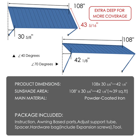 Kozyard Adjustable Window Awning – 4-Level Angle Adjustment, Powder-Coated Iron Door Canopy, All-Weather Rain, Snow & UV Protection