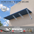Kozyard heavy-duty metal window awning featuring enhanced center support rods for maximum wind resistance, structural stability, and rustproof weather protection, outperforming brittle plastic or weak support residential door canopies.