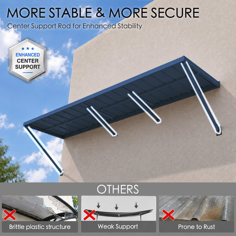 Kozyard heavy-duty metal window awning featuring enhanced center support rods for maximum wind resistance, structural stability, and rustproof weather protection, outperforming brittle plastic or weak support residential door canopies.