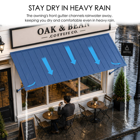 Kozyard 108-inch blue metal awning with integrated front drainage gutter system efficiently channeling rainwater away from cafe shop front windows and outdoor dining patio seating during heavy rainstorms for all-weather protection.