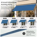 Kozyard blue exterior metal awning equipped with 4-level adjustable support arms and spring-button quick locking mechanism, allowing customized tilt angle adjustment for optimal sun shade and weather protection over windows and doors.