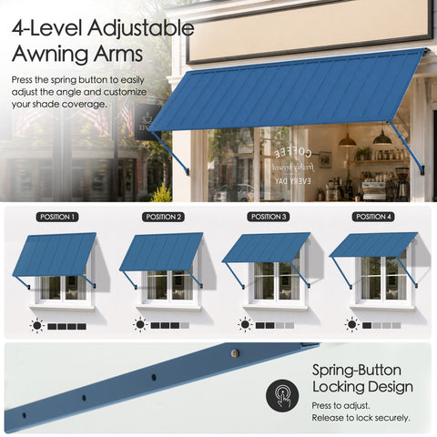 Kozyard blue exterior metal awning equipped with 4-level adjustable support arms and spring-button quick locking mechanism, allowing customized tilt angle adjustment for optimal sun shade and weather protection over windows and doors.