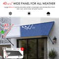 Kozyard 43 5/16-inch wide blue metal awning panel offering extended year-round protection against heavy snow, UV sun rays, and rain, providing superior coverage compared to standard 32-inch narrow window canopies.