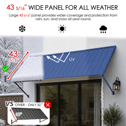 Kozyard 43 5/16-inch wide blue metal awning panel offering extended year-round protection against heavy snow, UV sun rays, and rain, providing superior coverage compared to standard 32-inch narrow window canopies.