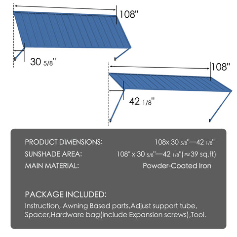 Kozyard Window Awning (108”x413/8”) - Powder-Coated Iron Exterior Canopy (13 Sq Ft Sunshade), Includes Hardware/Tools for Outdoor Patio/Window Shelter
