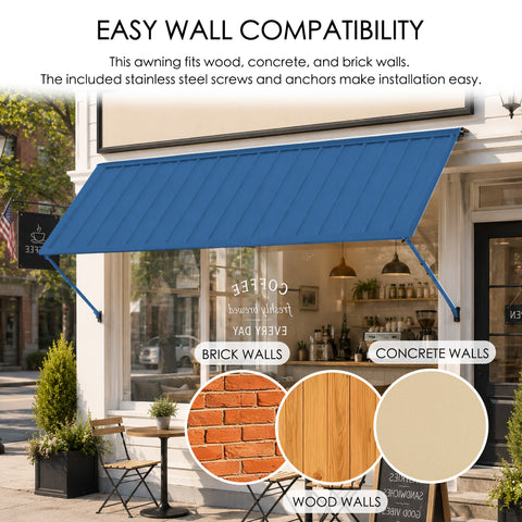 Kozyard 108-inch blue metal door awning with universal wall compatibility including brick walls, concrete structures, and wood siding, complete with stainless steel screws and heavy-duty wall anchors for easy outdoor installation.