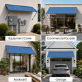 Kozyard 108-inch blue outdoor metal canopy displaying versatile applications as an electrical equipment cover, commercial storefront facade awning, residential backyard patio door canopy, and garage entryway weather shelter.