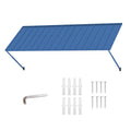 Kozyard 108" blue metal window awning kit with complete mounting hardware including powder-coated iron canopy panel, adjustable support arms, heavy-duty expansion screws, wall anchors, and assembly hex wrench tool.