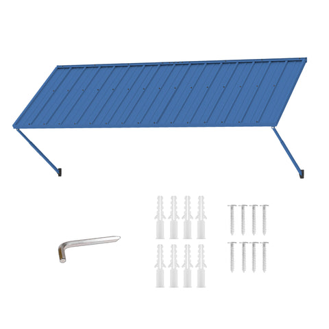 Kozyard 108" blue metal window awning kit with complete mounting hardware including powder-coated iron canopy panel, adjustable support arms, heavy-duty expansion screws, wall anchors, and assembly hex wrench tool.