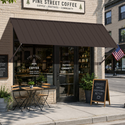 Kozyard brown metal awning installed over a coffee shop entrance, featuring a wide fixed canopy design for sun shade and rain protection. This wall mounted outdoor awning is ideal for storefronts, cafés, restaurants, windows, doors, patios and commercial entrances, combining durable powder-coated metal construction with a clean modern look for residential and commercial exterior use.
