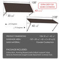 Kozyard 108 inch wide brown metal awning with extra-deep adjustable coverage, showing approximately 30 5/8 to 42 1/8 inch projection and up to 43 5/16 inch panel depth. This wall mounted outdoor canopy provides about 39 sq. ft. of shade and weather protection, with powder-coated iron construction for doors, windows, patios, storefronts and commercial or residential exterior spaces.