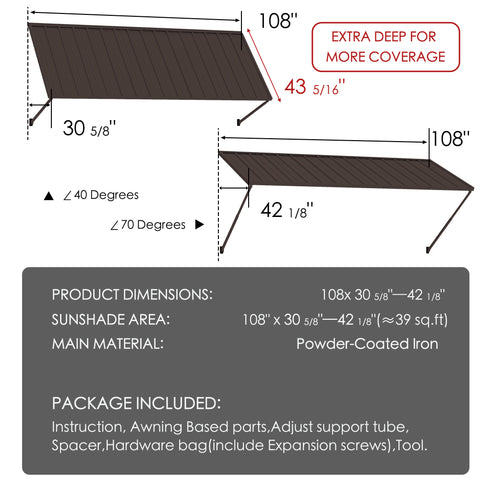 Kozyard 108 inch wide brown metal awning with extra-deep adjustable coverage, showing approximately 30 5/8 to 42 1/8 inch projection and up to 43 5/16 inch panel depth. This wall mounted outdoor canopy provides about 39 sq. ft. of shade and weather protection, with powder-coated iron construction for doors, windows, patios, storefronts and commercial or residential exterior spaces.
