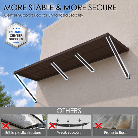Kozyard outdoor metal awning with enhanced center support rods for improved strength, stability and secure wall mounting. The durable brown powder-coated iron canopy is designed to resist sagging and provide reliable shade and weather protection over doors, windows, storefronts and patios. Ideal for residential and commercial exterior applications requiring a sturdy fixed awning structure.