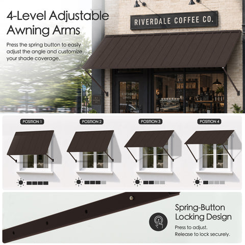 Kozyard adjustable metal awning featuring 4-level awning arms with spring-button locking for customized shade angles and coverage. This brown wall mounted outdoor canopy can be positioned at multiple projections to block sun and protect windows, doors, storefronts and patios. Durable fixed awning design offers flexible residential or commercial shade with secure adjustable support arms.