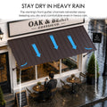 Kozyard brown metal door and window awning designed with a front gutter channel to direct rainwater away from the covered area during heavy rain. This wall mounted outdoor canopy provides dependable rain protection and shade for cafés, storefronts, patios, windows and entrances while helping keep seating and walkways drier. Durable metal construction is suited for residential and commercial exterior use.