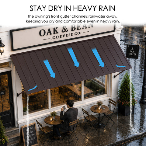 Kozyard brown metal door and window awning designed with a front gutter channel to direct rainwater away from the covered area during heavy rain. This wall mounted outdoor canopy provides dependable rain protection and shade for cafés, storefronts, patios, windows and entrances while helping keep seating and walkways drier. Durable metal construction is suited for residential and commercial exterior use.
