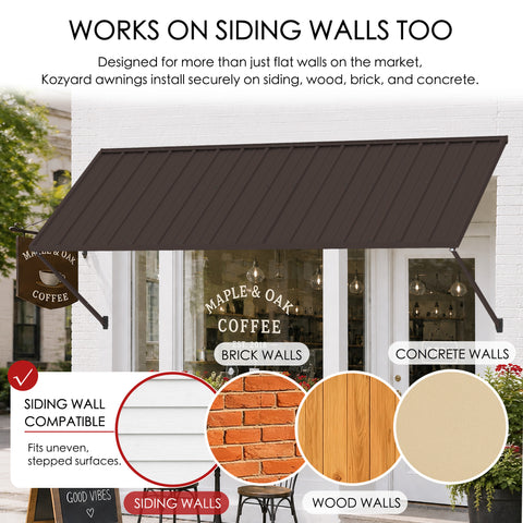 Kozyard wall mounted metal awning compatible with siding, brick, wood and concrete walls, making it suitable for a wide range of residential and commercial installations. The brown outdoor canopy provides sun shade and weather protection over windows, doors, storefronts, patios and entrances, while the mounting design accommodates uneven or stepped siding surfaces for versatile exterior use.