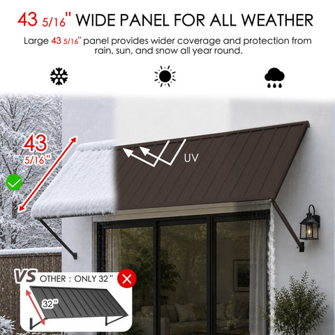 Kozyard 43 5/16 inch deep brown metal awning designed for wider all-weather coverage and year-round protection from sun, rain and snow. This extra-deep wall mounted outdoor canopy offers enhanced shade and UV protection compared with shallower awnings, making it ideal for windows, doors, patios, entrances and storefronts in residential or commercial exterior spaces.