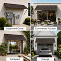 Kozyard brown metal awning for multiple outdoor applications including equipment covers, commercial storefront facades, backyard doors and garage entrances. This durable wall mounted fixed canopy provides sun shade, rain protection and exterior coverage for residential and commercial spaces, making it a versatile outdoor awning solution for windows, doors, patios, utility areas and business entrances.